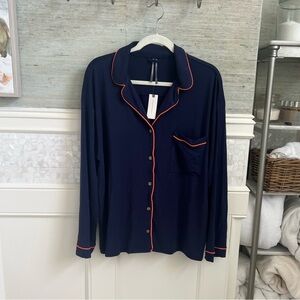 NWT new medium Anthropologie briar piped pajama top long sleeve navy blue orange